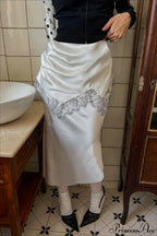 Retro Color Block Lace Panel Slim Skirt