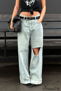Retro Distressed Wide Leg Straight Floor Length Jeans