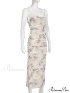 Retro Floral Print for Women Sleeveless Strap V-neck Ruched Split Summer Party Female Vestidos