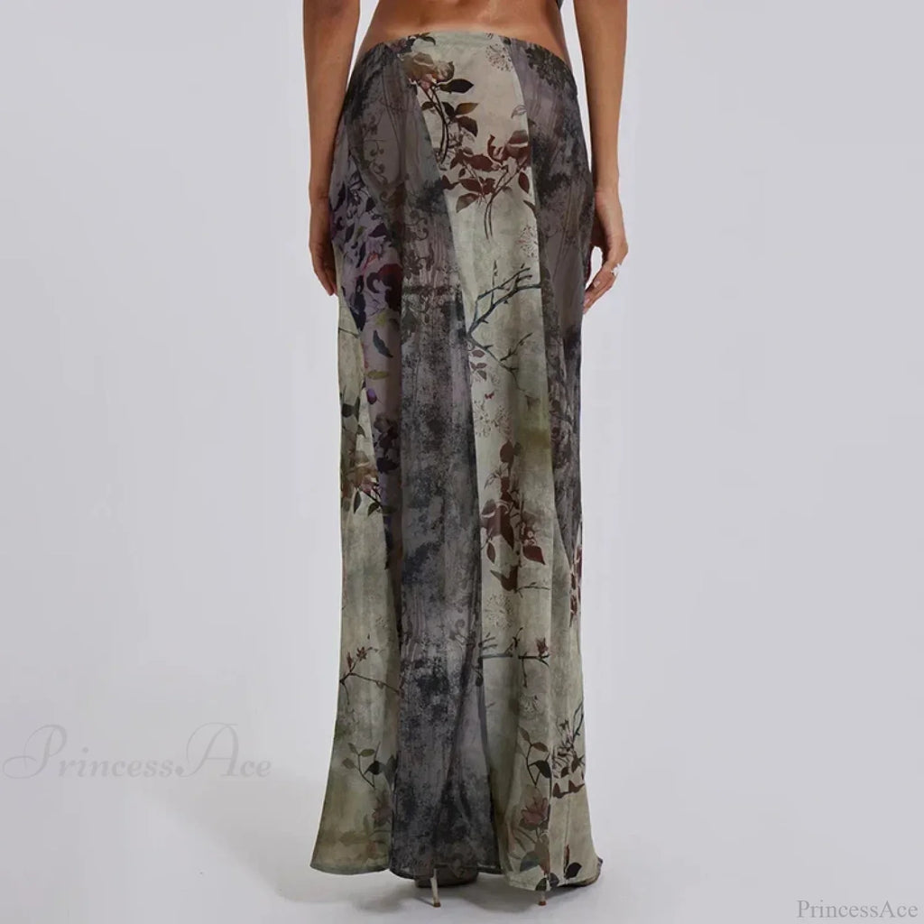 Retro Floral Print Long Patchwork Mesh Low Rise Skirt