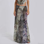 Retro Floral Print Long Patchwork Mesh Low Rise Skirt