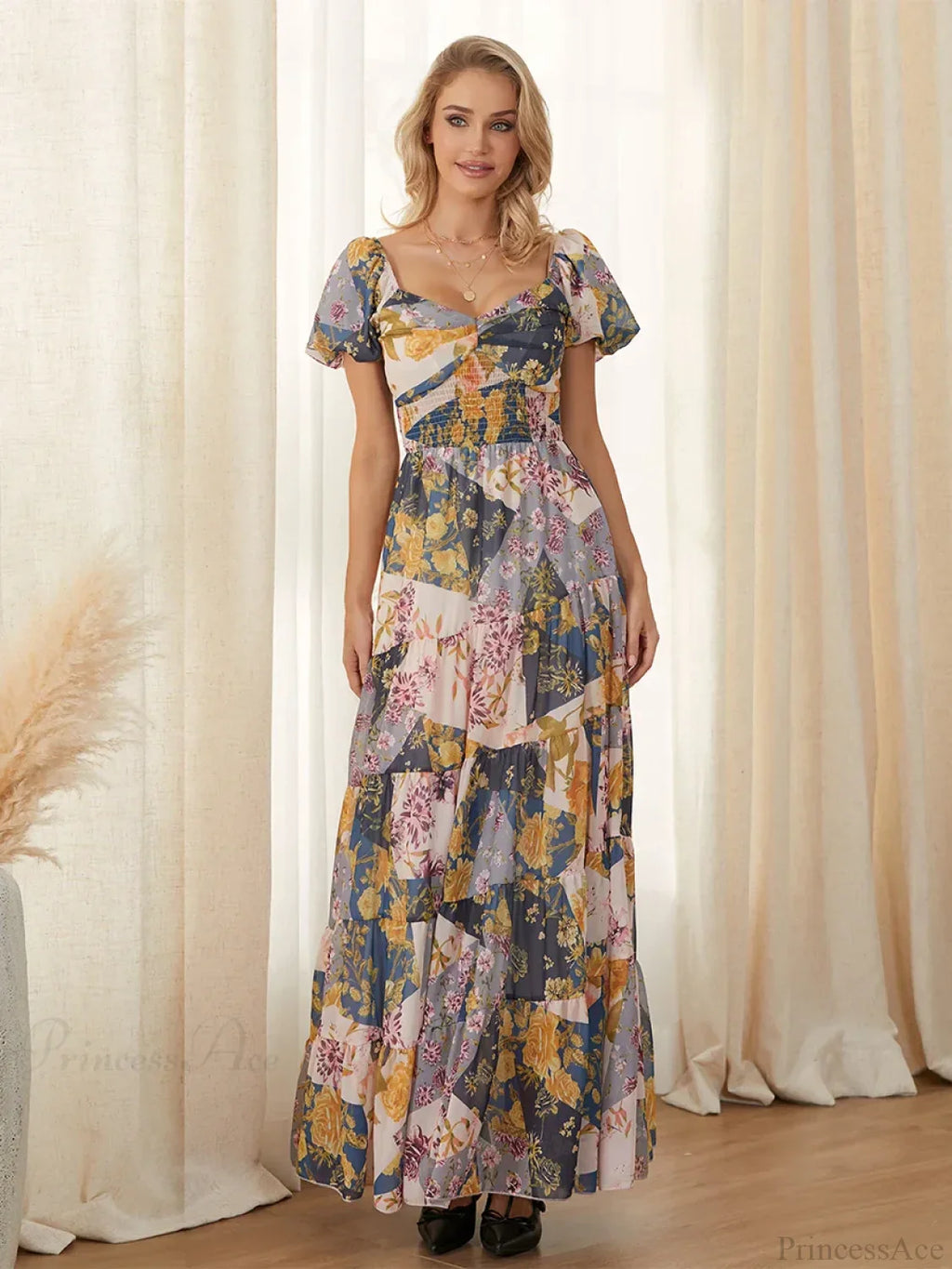 Retro Floral Print Swing Puff Short Sleeve Sweetheart Neck A-Line Beach Dress