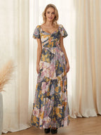 Retro Floral Print Swing Puff Short Sleeve Sweetheart Neck A-Line Beach Dress