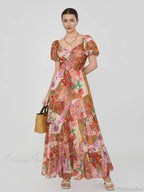 Retro Floral Print Swing Puff Short Sleeve Sweetheart Neck A-Line Beach Dress