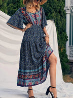 Retro Floral Print V-neck Boho Sundress