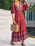 Retro Floral Print V-neck Boho Sundress