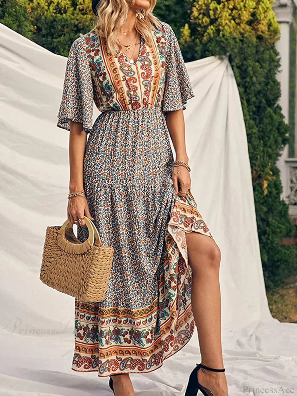 Retro Floral Print V-neck Boho Sundress