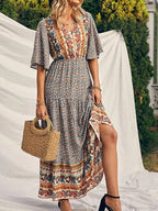 Retro Floral Print V-neck Boho Sundress