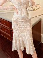 Retro Lace Wrap Ruffle High Waist Fishtail Skirt