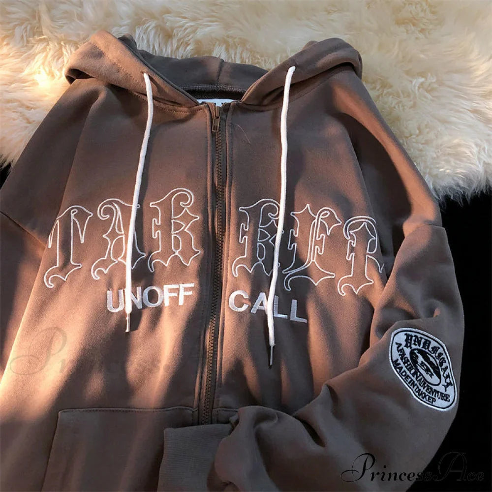 Retro Letter Print Baggy Hoody Jacket