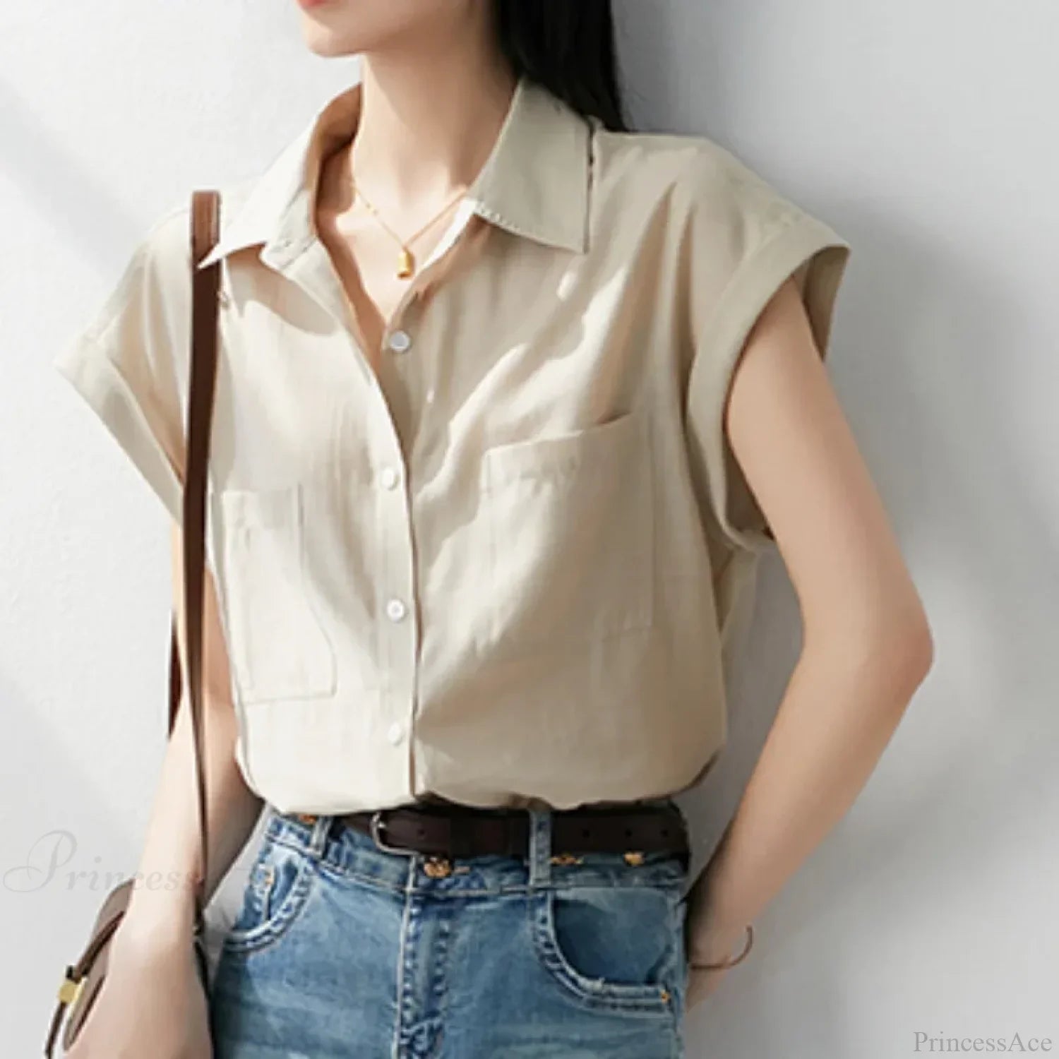 Retro Loose Lapel Pocket Short Sleeve Blouse