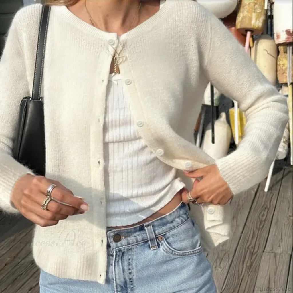 Retro Round Neck Long Sleeve Knit Cardigan