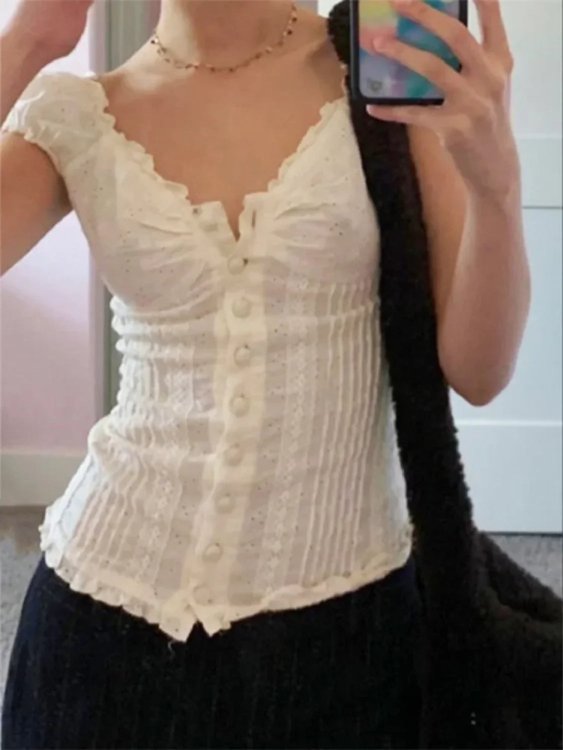 Retro Square Neck Button Down Short Sleeve Blouse