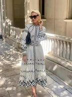 Retro Stand Collar Belted Boho Dress