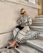 Retro Stand Collar Belted Boho Dress