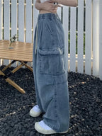 Retro Style Loose Multi Pocket Wide Leg Graffiti High Waist Straight Leg Women's Jean