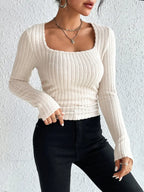 Retro Thick Pit Strip Waist Slimming Pleated Long Sleeve T-shirt Women