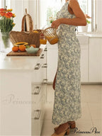 Retro Women Floral Print Sleeveless V Neck Front Lace-up High Split Spring Summer Backless Vestidos