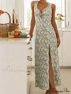 Retro Women Floral Print Sleeveless V Neck Front Lace-up High Split Spring Summer Backless Vestidos
