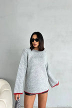 rewneck Ribbed Base Bell Sleeve Loose Sweater
