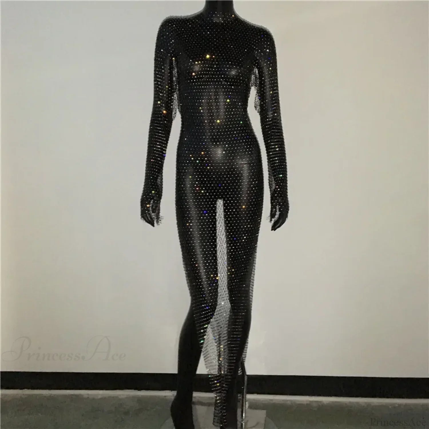Rhinestone Fishnet Long Sleeve Party Dress