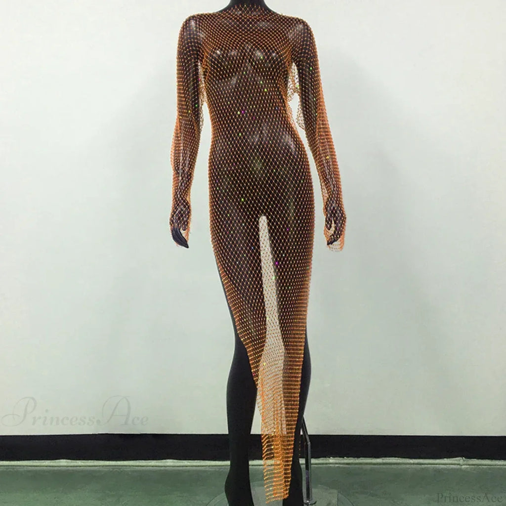 Rhinestone Fishnet Long Sleeve Party Dress