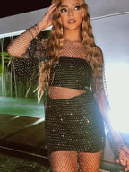 Rhinestone Fishnet Long Sleeve Party Dress