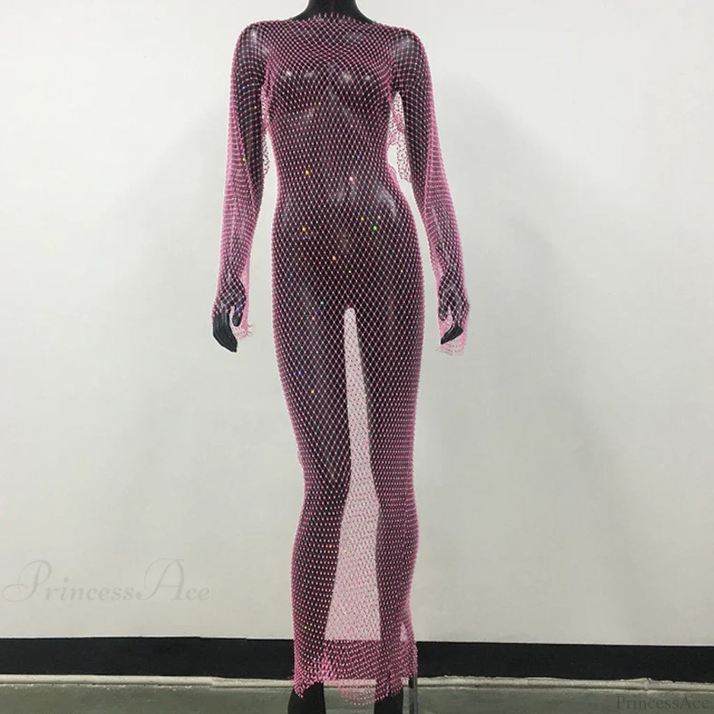Rhinestone Fishnet Long Sleeve Party Dress