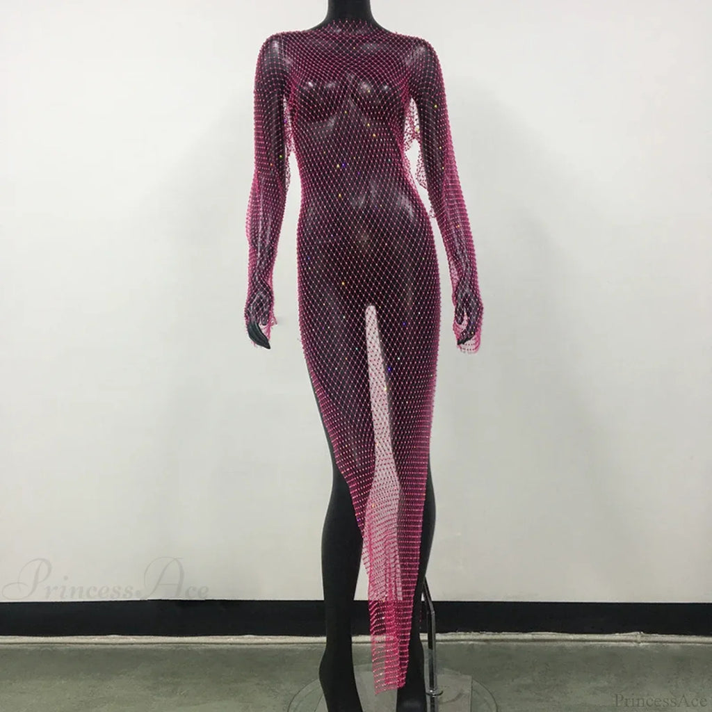 Rhinestone Fishnet Long Sleeve Party Dress