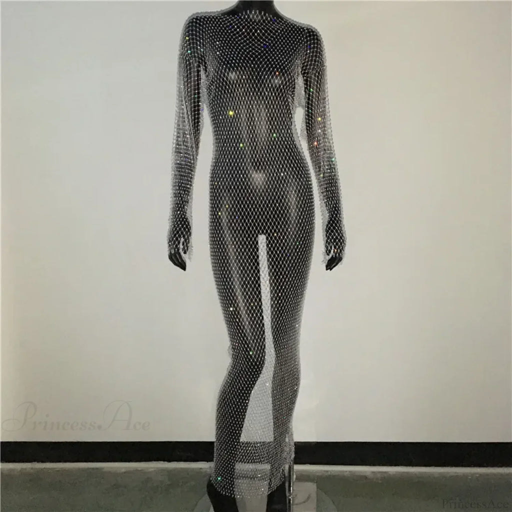 Rhinestone Fishnet Long Sleeve Party Dress
