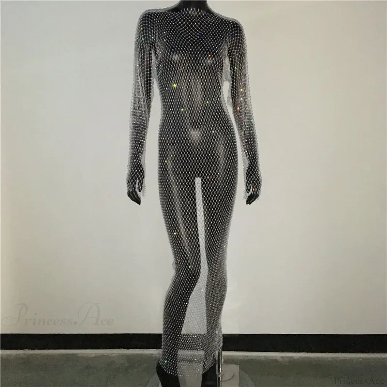 Rhinestone Fishnet Long Sleeve Party Dress