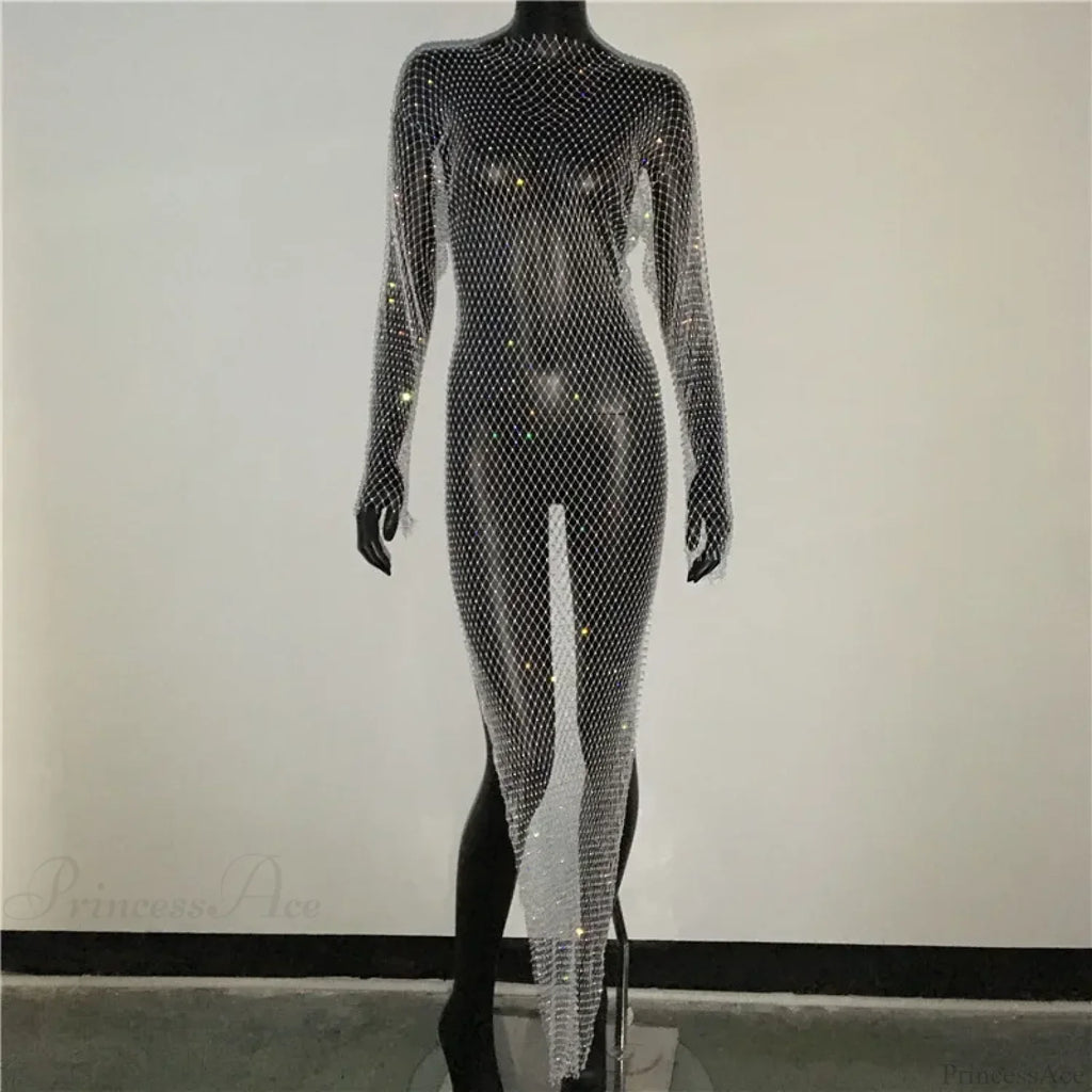 Rhinestone Fishnet Long Sleeve Party Dress
