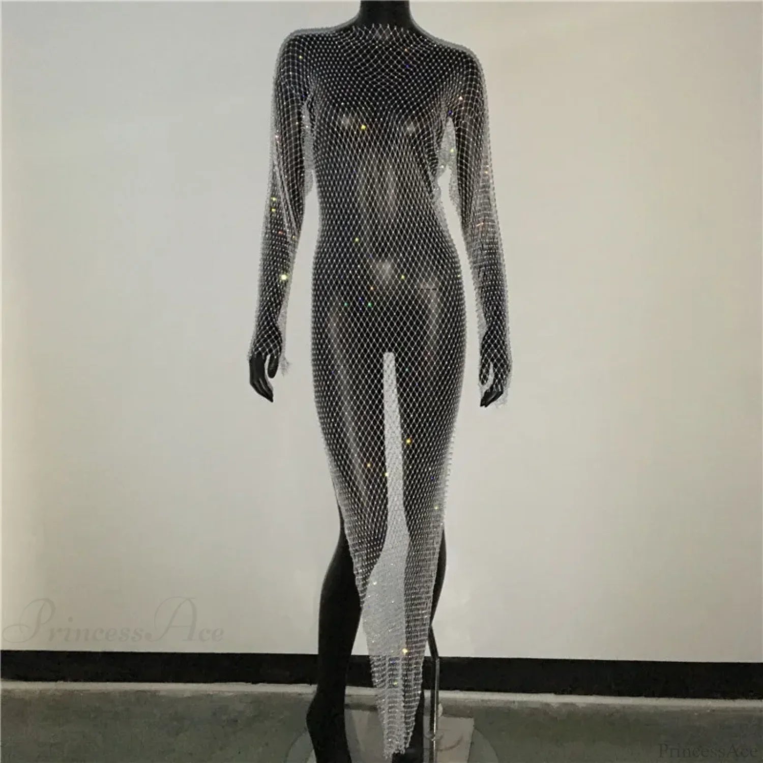 Rhinestone Fishnet Long Sleeve Party Dress
