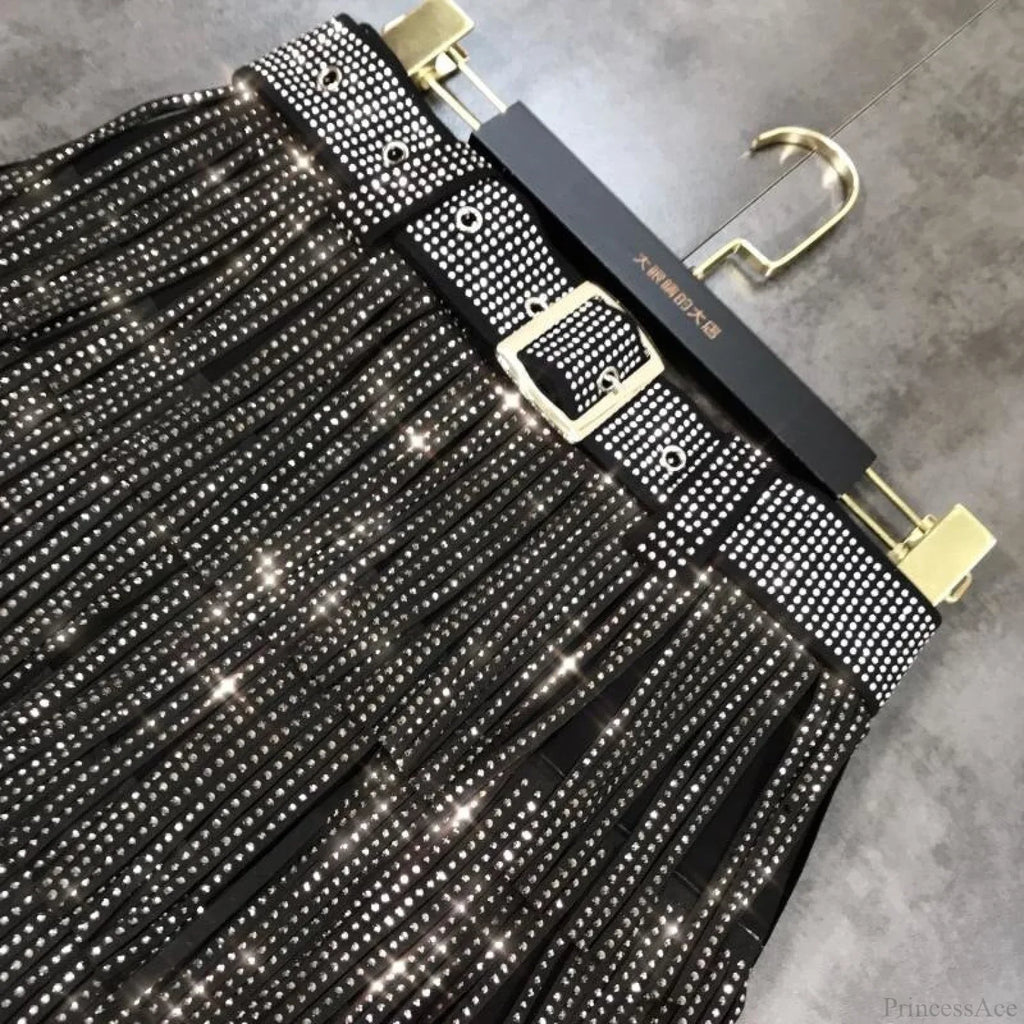 Rhinestones Tassel  High Waist Belt Skirt