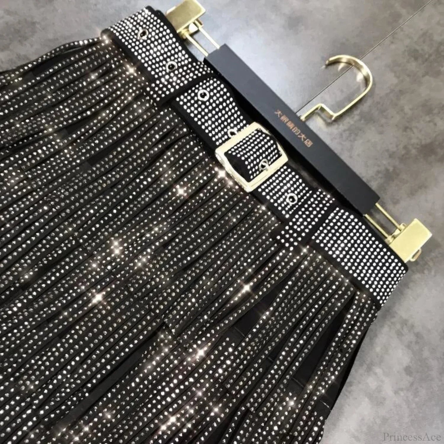 Rhinestones Tassel  High Waist Belt Skirt