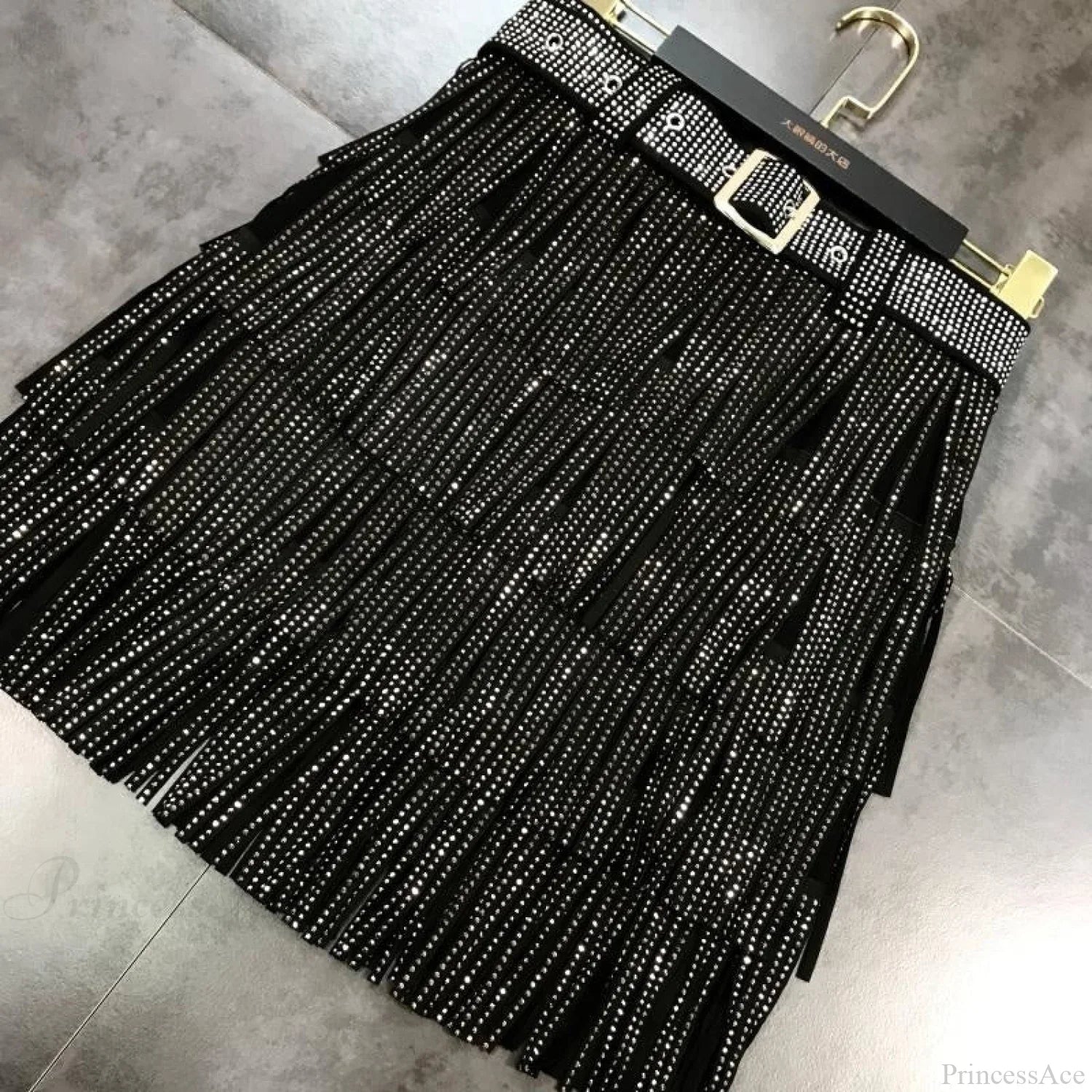 Rhinestones Tassel  High Waist Belt Skirt