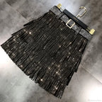Rhinestones Tassel  High Waist Belt Skirt