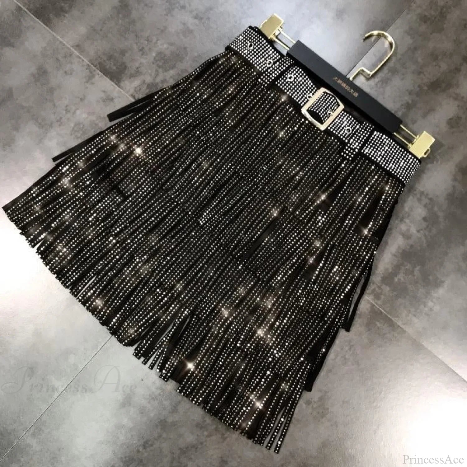 Rhinestones Tassel  High Waist Belt Skirt
