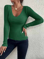 Rib Knit V-Neck Stripe Pullover Sweater Knit Top