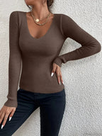 Rib Knit V-Neck Stripe Pullover Sweater Knit Top