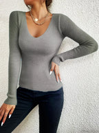 Rib Knit V-Neck Stripe Pullover Sweater Knit Top
