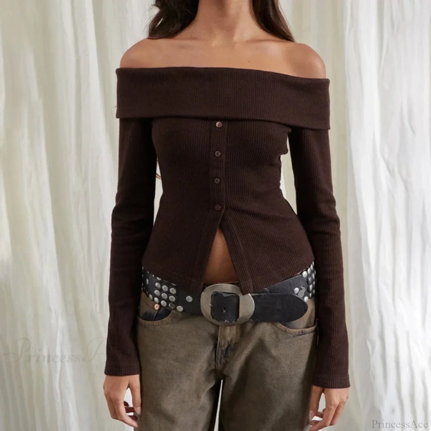 Rib Knitted Casual Long Sleeve Off-Shoulder Slim Fit T-shirt Women