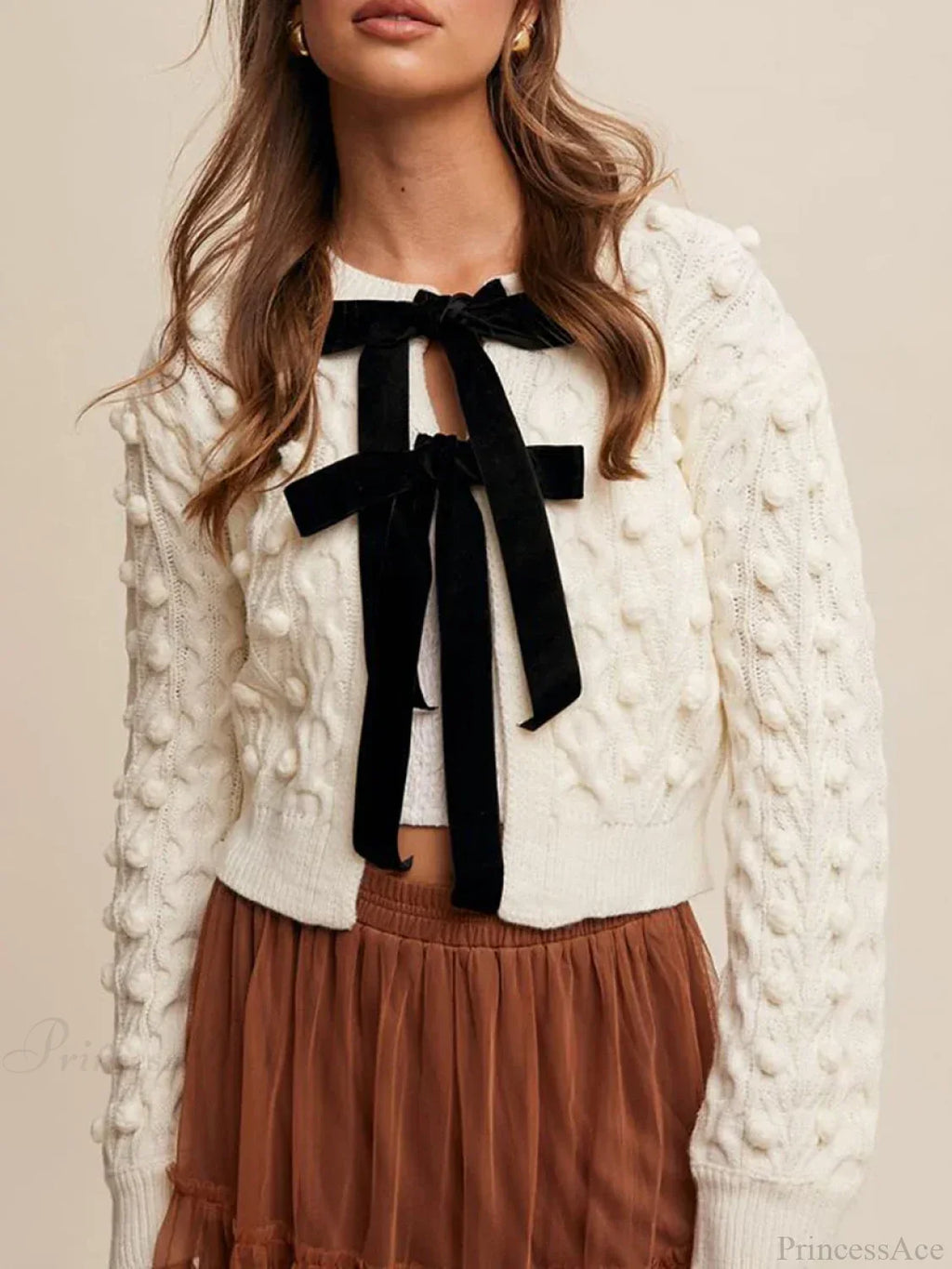 Ribbed Bow Tie Cable Knit Cardigan