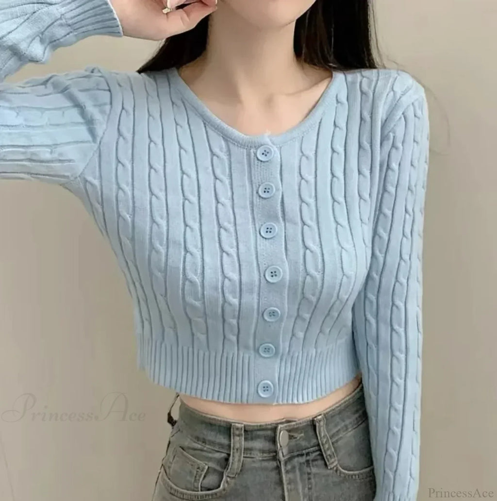 Ribbed Cable Knit Slim Fit Button-Up Cropped Cardigan