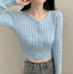 Ribbed Cable Knit Slim Fit Button-Up Cropped Cardigan