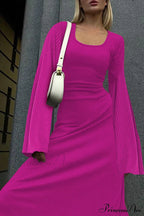 Ribbed Flares Sleeve Dress with Tie-back