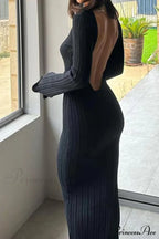 Ribbed Knit Dress with Long Flare Sleeves and Backless Design