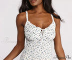Ribbed Knit Ruffled Charming Ditsy Floral Mini Dress