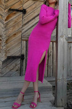Ribbed Knit Side Slit Dress with Contrast