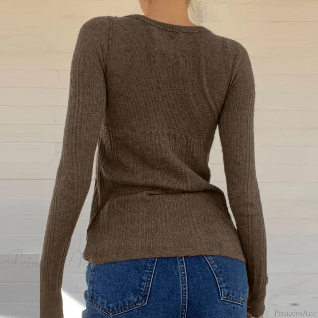 Ribbed Knit Slim Fit Button Front Long Sleeve Sweater Women